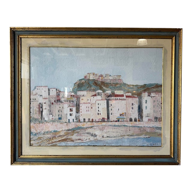 1968 Franco Scuderi Italian Mediterranean Coastal Cityscape Landscape Oil on Plywood Painting, Signed & Framed For Sale