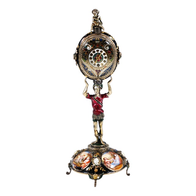 Viennese Silver Enamel Table Clock, 1880 For Sale