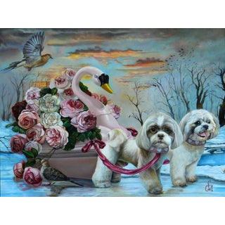 To the Place I Dream Of by Claudia Griesbach-Martucci | Oil Painting of two dogs with flowers and a swan For Sale