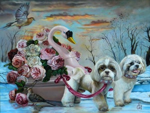 To the Place I Dream Of by Claudia Griesbach-Martucci | Oil Painting of two dogs with flowers and a swan