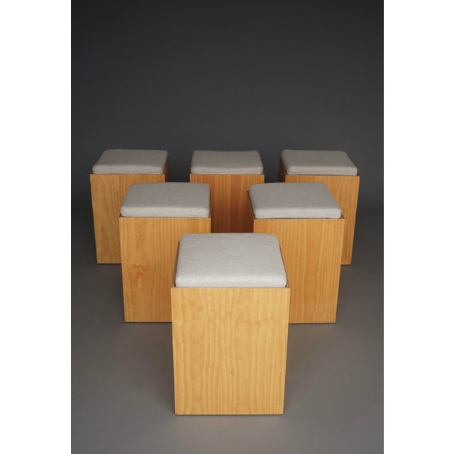 A set of well made plywood stools with wool cushions. Possibly of Dutch origin and made in the early 1990s. The stools...