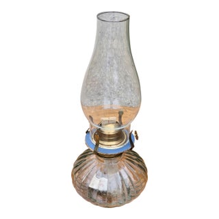 Vintage Limited Edition Clear Ribbed Glass Oil Lamp With Chimney & Brass Gallery For Sale