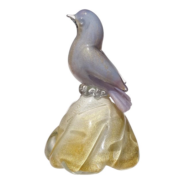 Murano Vintage Blue Purple Gold Flecks Italian Art Glass Baby Bird Figurine Paperweight on Base For Sale