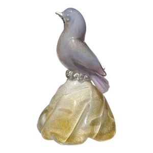 Murano Vintage Blue Purple Gold Flecks Italian Art Glass Baby Bird Figurine Paperweight on Base