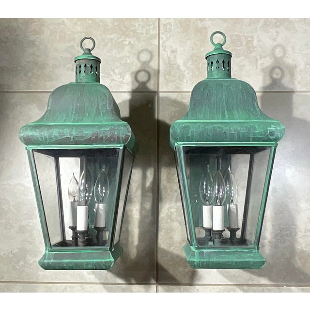 Pair of Vintage Colonial Solid Brass Wall Lanterns. 20”h X 8”.5w X 12”d For Sale - Image 4 of 18
