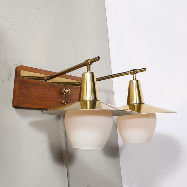Wood Mid-Century Modernist Dual-Head Brass & Frosted Glass Sconce on Teakwood For Sale - Image 7 of 11