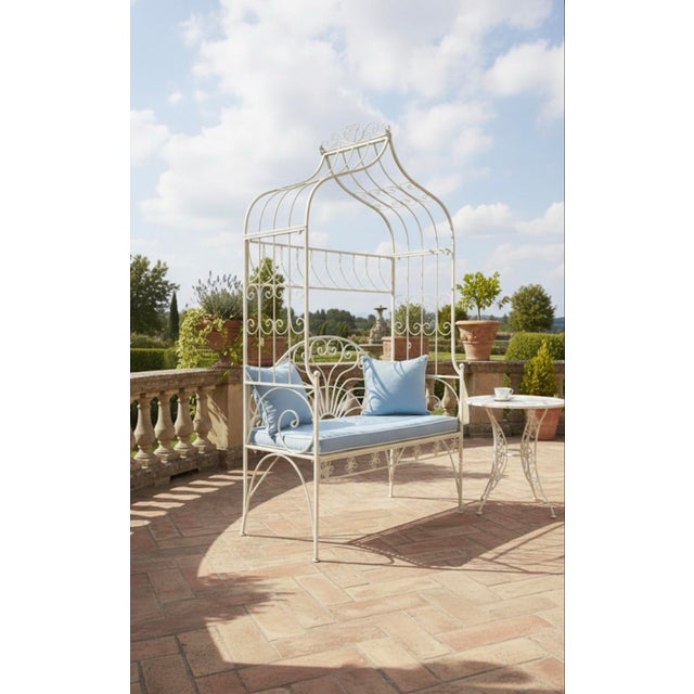 Vintage-Style French Country White Wrought Iron Garden Canopy Bench For Sale In West Palm - Image 6 of 7