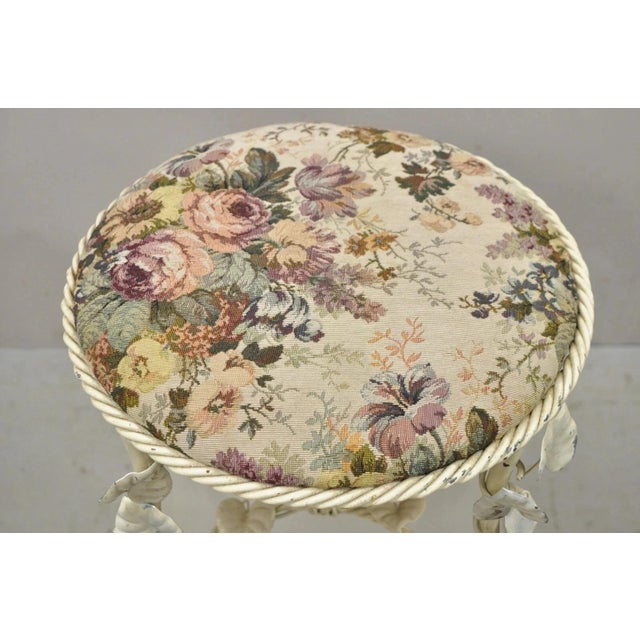 Hollywood Regency Vintage Italian Hollywood Regency White Metal Rope Floral Vanity Bench Stool For Sale - Image 3 of 11