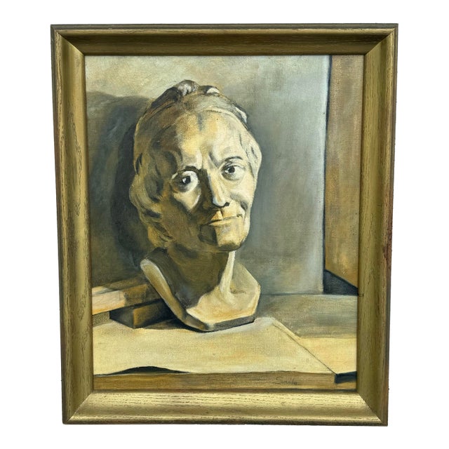 Original Midcentury Painting of a Bust of the French Philosopher, Voltaire, Framed For Sale