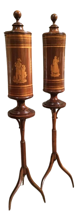 Venetian Inlaid Walnut Tobacco Boxes on Stands, Set of 2