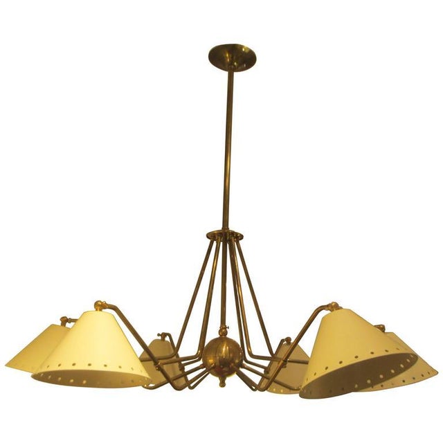Metal Bespoke Six-Light Brass and Tole Fixture in the Mid-Century Manner For Sale - Image 7 of 7