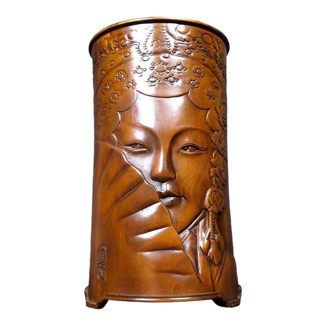 Late 19th Century Carved Boxwood Brush Pot With Figural Scene, 310g For Sale