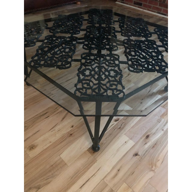 Mid Century Modern Cast Iron Base Octagon Bevel Edge Glass Coffee Table