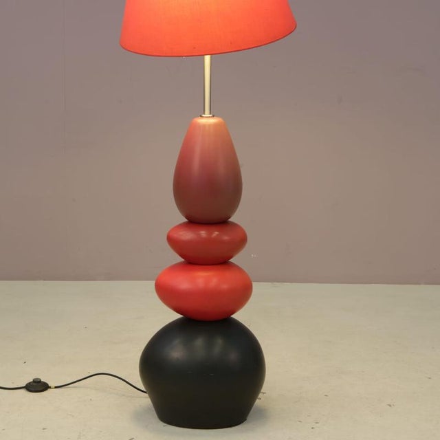 Textile Ceramic Floor Lamp with Red Fabric Hood from Francois Chatain, France, 1970s For Sale - Image 7 of 15