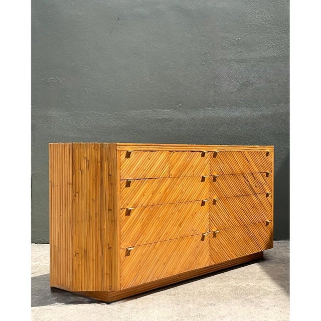 Khaki Vintage Chevron Rattan Six-Drawer Dresser For Sale - Image 8 of 12