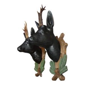 Pair of Vintage German Carved Black Forest Mounted Deer Wall Sculptures