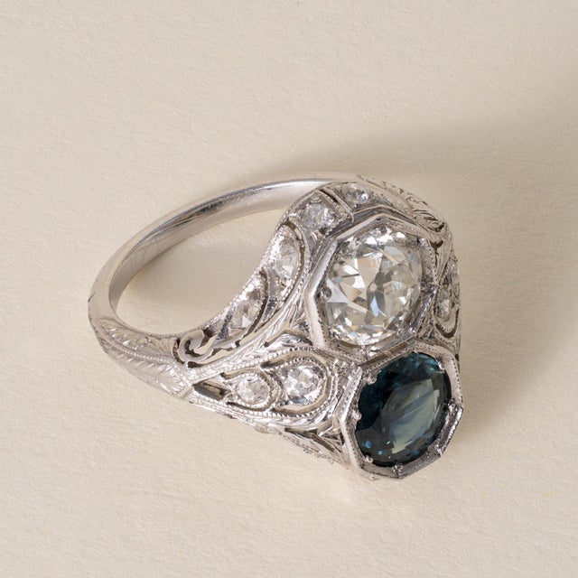 Antique Art Deco J.E. Caldwell Platinum Diamond & Sapphire Ring | Circa 1920s An exceptional example of American Art Deco...