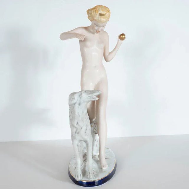 1930s Czech Art Deco Hand Painted Porcelain Figurine of Nude Lady With Greyhound For Sale - Image 5 of 10