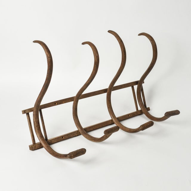 French Country Large Antique Bentwood Coat Rack: Thonet Style Wall Hanging Hat Rack With Four Hooks For Sale - Image 3 of 11