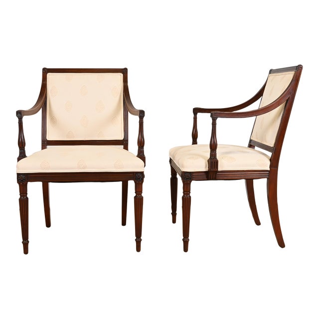 French Regency Louis XVI Carved Mahogany Arm Chairs, Pair | Chairish