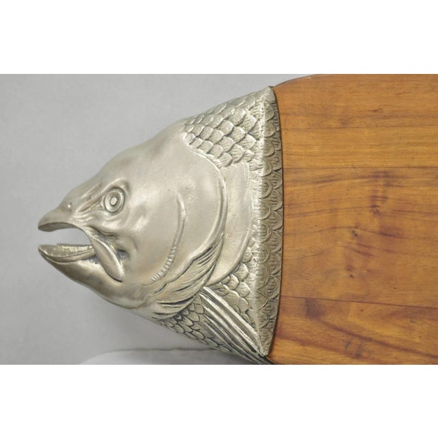 Wood Vintage Mid Century Modern Teak Wood & Metal Fish Serving Platter Cutting Board For Sale - Image 7 of 13