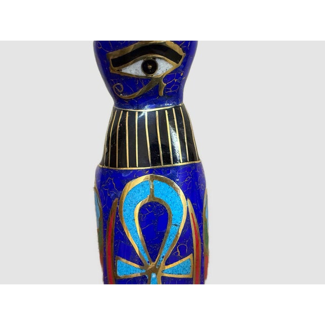 Handmade Egyptian Horus Falcon Statue Inlaid With Lapis, Turquoise & Malachite – 12” For Sale - Image 6 of 7