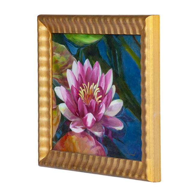 A Charming Vintage Original Oil Painting of A Lotus in a wooden Gold Frame. Fuchsia Pink with White Flowers, Blue and...
