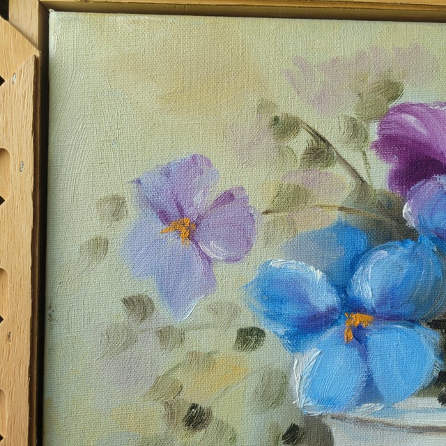 Vintage Raw Wood Lattice Framed Floral Oil Painting by L. Tunnell Ooak Cottage For Sale - Image 4 of 18