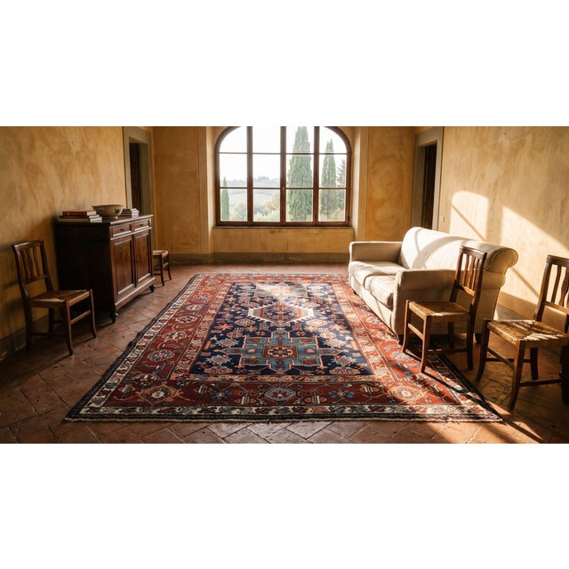 Excellent Navy Background With Symmetric Knots Geometric Pattern Antique Persian Karajeh Rug For Sale - Image 16 of 18