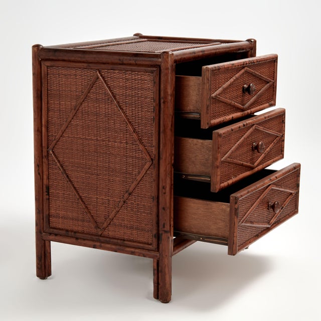 Bloomingdale's Vintage Pair of British Colonial Style Faux Bamboo and Grasscloth Nightstands For Sale - Image 4 of 11