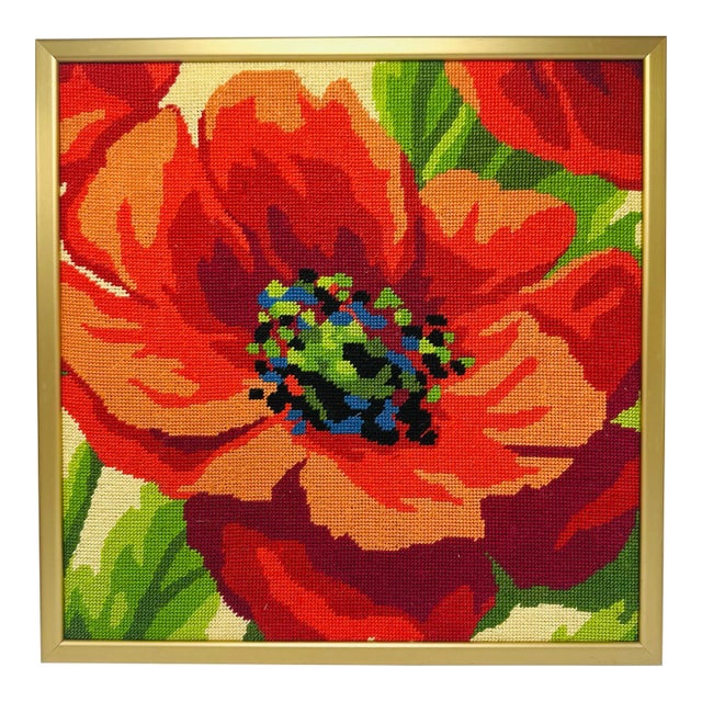 Vintage Poppy Needlepoint, Framed For Sale