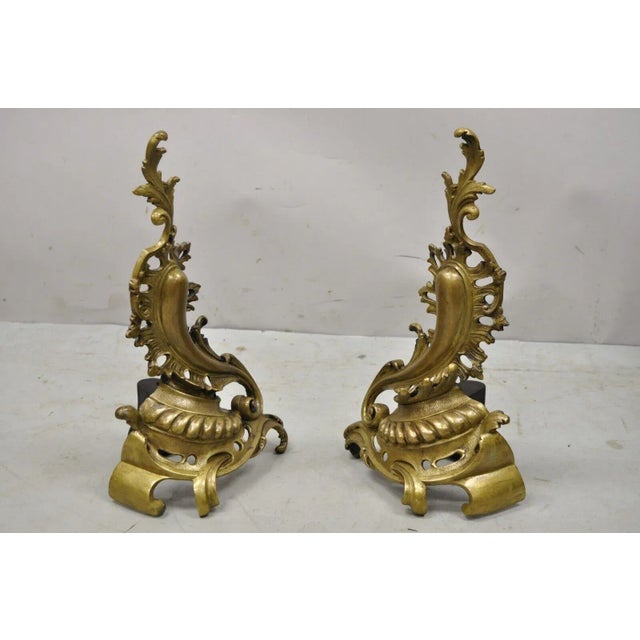 Vintage French Rococo Style Bronze Acanthus Leafy Scroll Andirons - a Pair. Circa Mid 20th Century. Measurements: 18" H x...