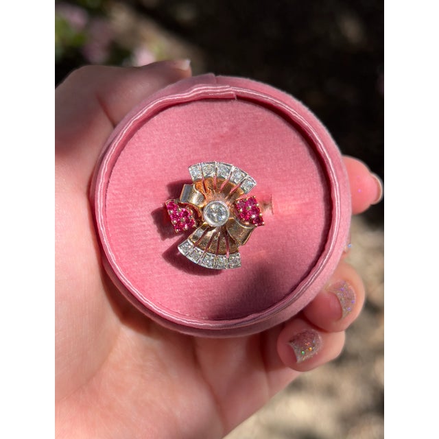 Rose 1940s Retro 14k Rose Gold Diamond and Ruby Ring, Size 8.25 For Sale - Image 8 of 8
