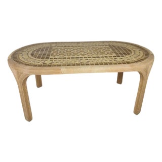 Rattan Reed Dining Table with Ceramic Inlay, 1980s For Sale