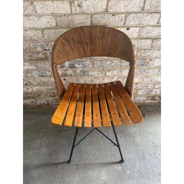 Brown 1960s Arthur Umanoff Rush, Iron, and Walnut Slat Swivel Chair For Sale - Image 8 of 12