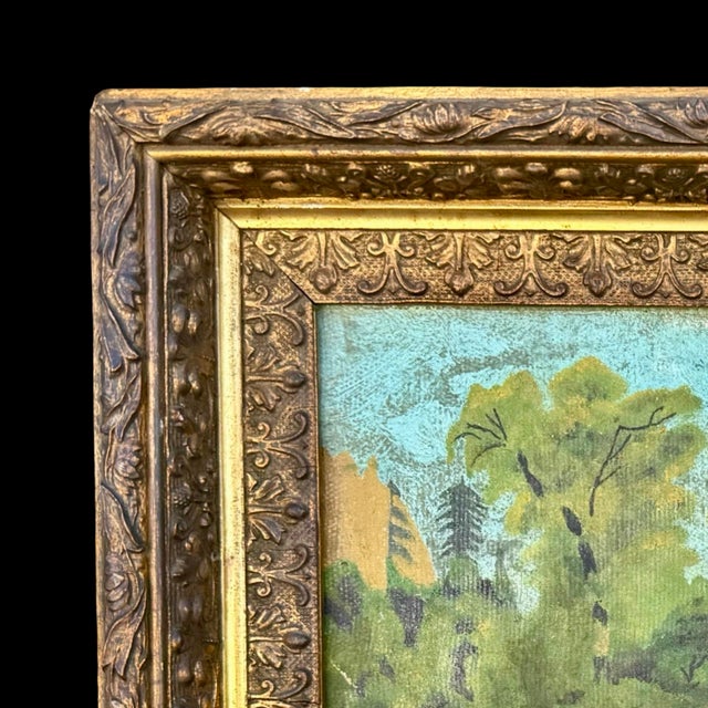 Green Antique Early American S. E. Groff Landscape Oil Painting of Mountain Cabin Scene W/ Original Gold Frame For Sale - Image 8 of 10