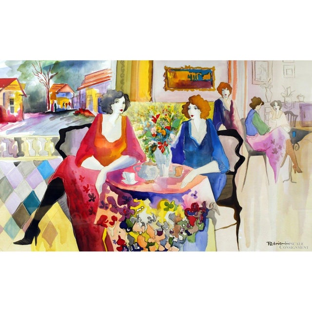 This original watercolor features a lively café scene with elegantly dressed figures gathered around tea tables, rendered...