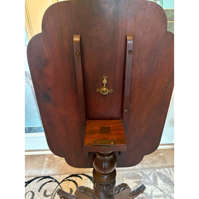 Flame Mahogany Tilt-Top With Carved Acanthus Leaves on Pedestal, Tilt-Top, Victorian Table, C1860’s For Sale In South Bend - Image 6 of 7