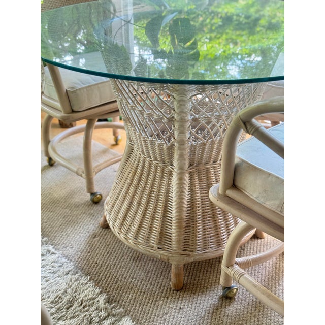 Mid 20th Century Vintage Rattan Dining Set, White Bamboo Boho Table With Glass Top For Sale - Image 5 of 12
