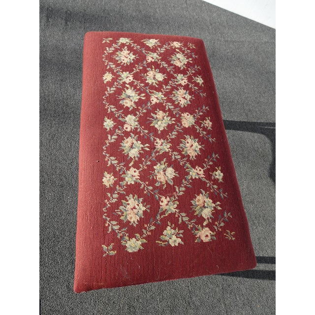 Vintage French Provincial Burgundy Needlepoint Tapestry Bench W Floral Design For Sale - Image 4 of 13