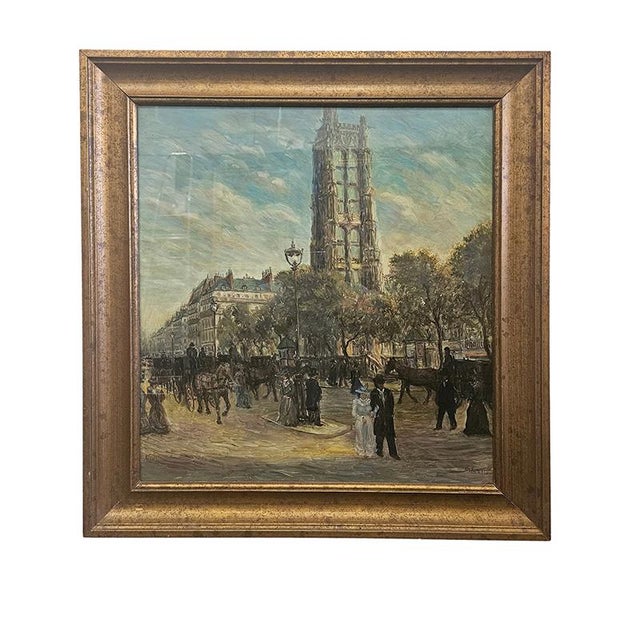 "View of Paris," oil on plywood, signed lower right, framed in a giltwood frame, 50 x 48 cm. 20th century European painter