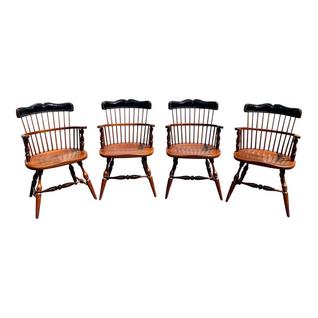 Frederick Duckloe & Bros. Windsor Style Captains Chairs With Leather Nail Head Detailed Backs- Set of 4 For Sale