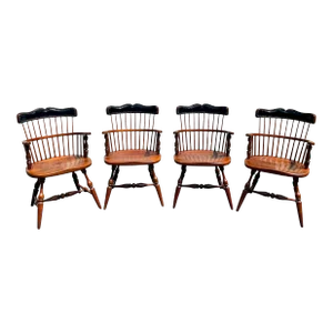 Frederick Duckloe & Bros. Windsor Style Captains Chairs With Leather Nail Head Detailed Backs- Set of 4