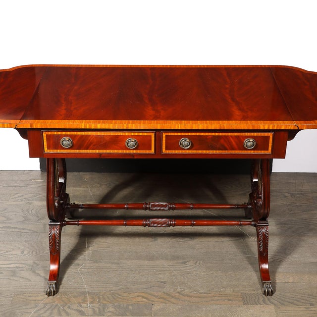 Wood Edwardian Mahogany Writing Desk W/ Inlaid Exotic Wood Detailing & Bronze Pulls For Sale - Image 7 of 18