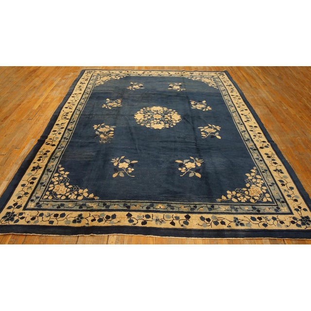 1920s Classic Ivory Blue Color Antique Floral Medallion Pattern Chinese Peking Rug For Sale - Image 5 of 9