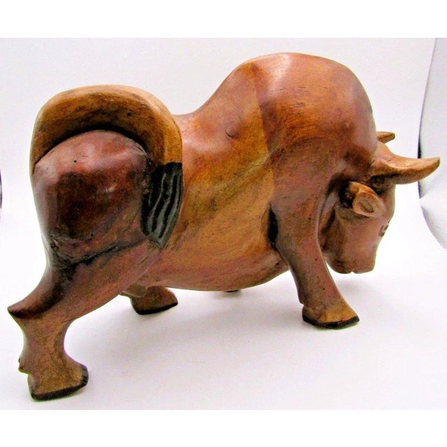 Brown Large Vintage Mid-Century Modern Hand Carved Wood Bull Sculpture For Sale - Image 8 of 11