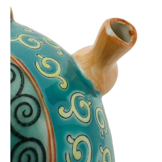 Vintage Chinese Famille Rose Ewer | Decorative Porcelain Wine Pot | Mid-Century Chinoiserie Decor | Hand-Painted Qilin Mythical Figure Pitcher For Sale - Image 14 of 15