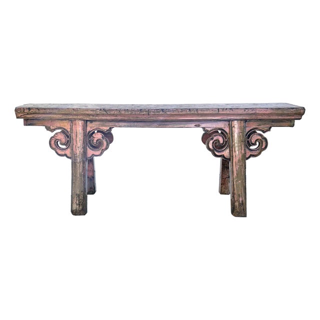 Distressed Rustic Pink Village Scroll Apron Slim Narrow Wood Bench For Sale