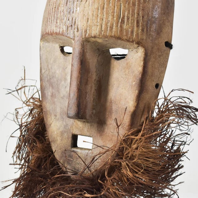 African Early 20th Century Metoko Wood Carved Mask With Raffia Beard For Sale - Image 3 of 9