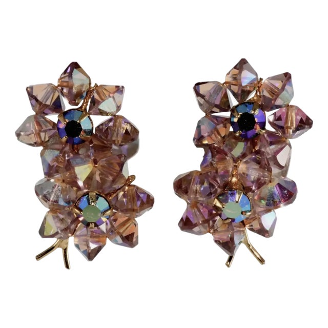 Vintage Earrings Floret Purple Glass Beads Gold-Plate, A Pair For Sale